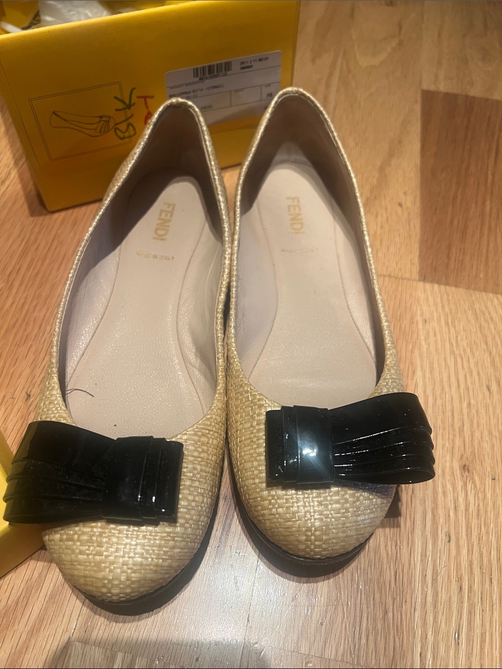 Fendi Raffia Ballet Flats with Black Patent Bow